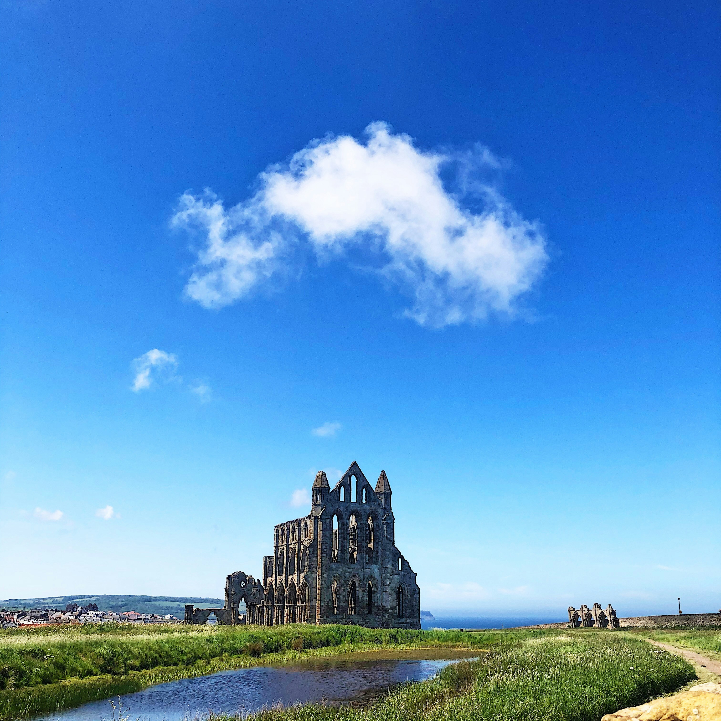 Whitby Abbey ruins on the clifftop above the North Sea in Whitby, North Yorkshire, England
